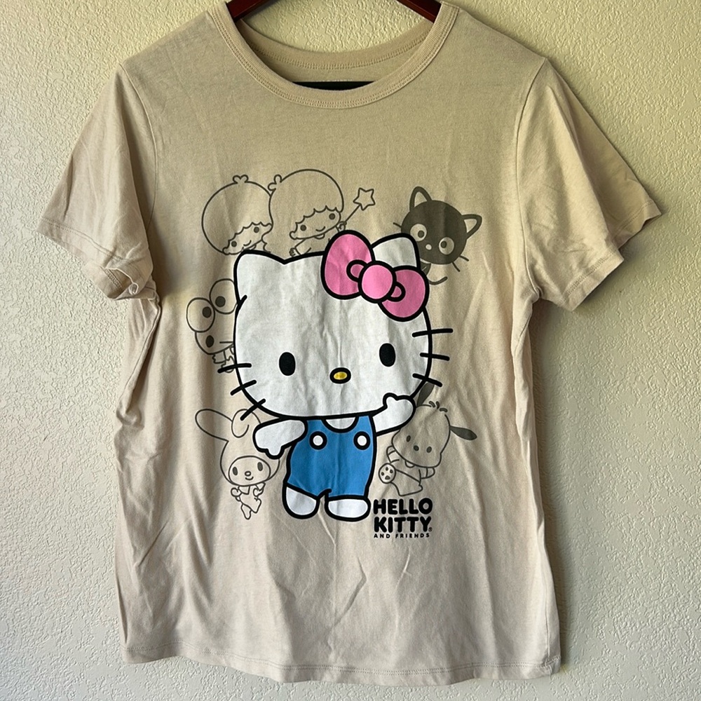 HELLO KITTY & Friends Beige Tee Womens Sz XL Sanrio Chococat Cat Pochacco